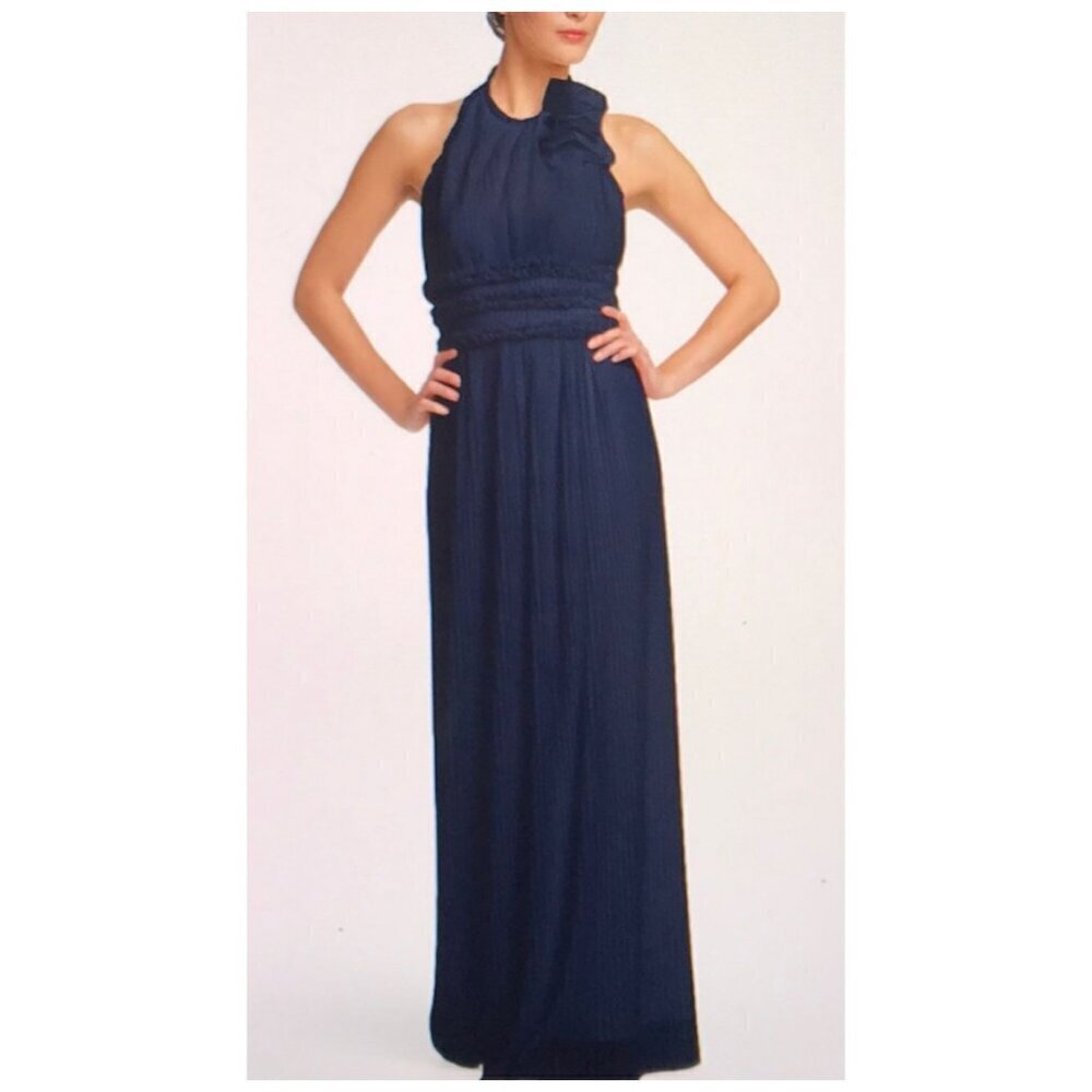 JS Collections Dark Blue Pleated Mesh Halter Maxi Gown Formal Prom Women's Sz 6